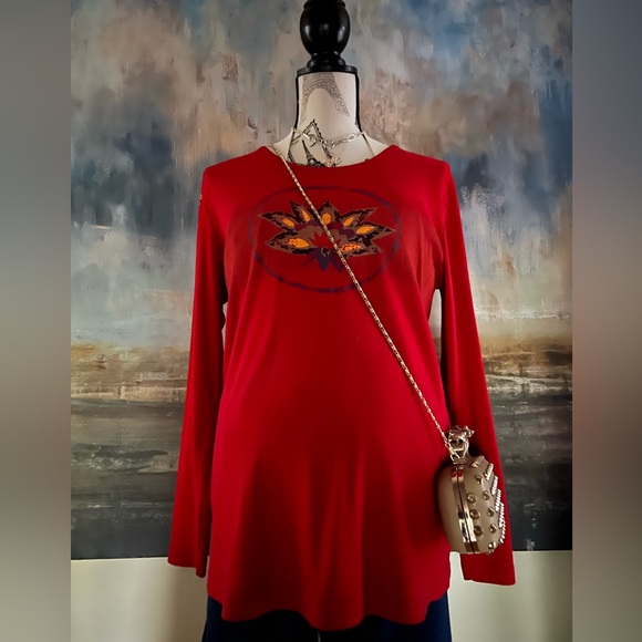 Thyme Maternity Tops - Vintage Y2K maternity collection, red graphic jersey knit top